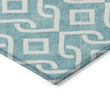 3' X 5' Teal Blue And Ivory Geometric Washable Indoor Outdoor Area Rug