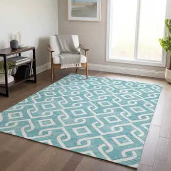 3' X 5' Teal Blue And Ivory Geometric Washable Indoor Outdoor Area Rug