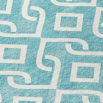 8' Teal Blue And Ivory Round Geometric Washable Indoor Outdoor Area Rug