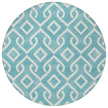 8' Teal Blue And Ivory Round Geometric Washable Indoor Outdoor Area Rug