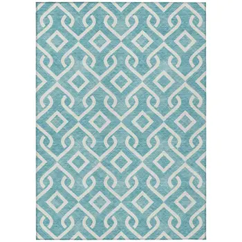 8' X 10' Teal Blue And Ivory Geometric Washable Indoor Outdoor Area Rug