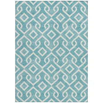10' X 14' Teal Blue And Ivory Geometric Washable Indoor Outdoor Area Rug