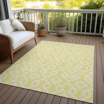 5' X 8' Yellow And Ivory Geometric Washable Indoor Outdoor Area Rug