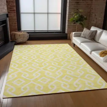5' X 8' Yellow And Ivory Geometric Washable Indoor Outdoor Area Rug