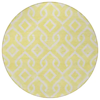8' Yellow And Ivory Round Geometric Washable Indoor Outdoor Area Rug