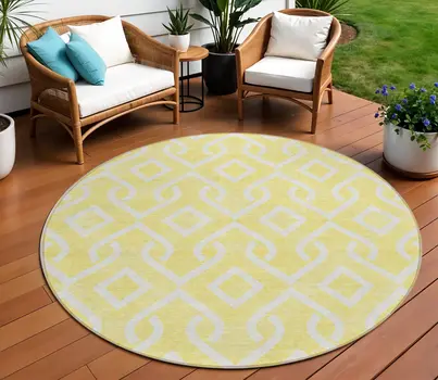 8' Yellow And Ivory Round Geometric Washable Indoor Outdoor Area Rug