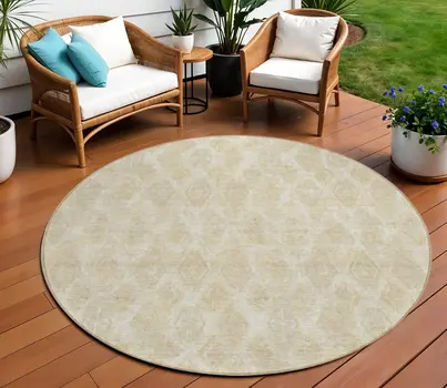 8' Beige Taupe And Tan Round Geometric Washable Indoor Outdoor Area Rug