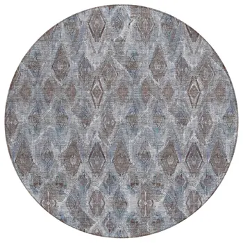 8' Sky Blue And Silver Round Geometric Washable Indoor Outdoor Area Rug