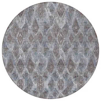 8' Sky Blue And Silver Round Geometric Washable Indoor Outdoor Area Rug