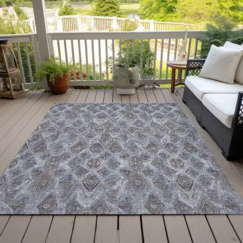 9' X 12' Sky Blue And Silver Geometric Washable Indoor Outdoor Area Rug