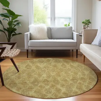 8' Gold Taupe And Beige Round Geometric Washable Indoor Outdoor Area Rug