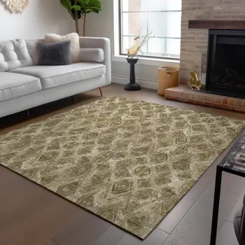 5' X 8' Brown Beige And Tan Geometric Washable Indoor Outdoor Area Rug