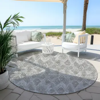 8' Silver Gray And Pewter Round Geometric Washable Indoor Outdoor Area Rug