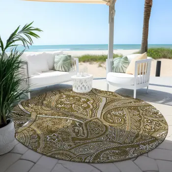 8' Brown Tan And Beige Round Paisley Washable Indoor Outdoor Area Rug