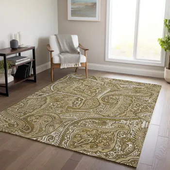 8' X 10' Brown Tan And Beige Paisley Washable Indoor Outdoor Area Rug