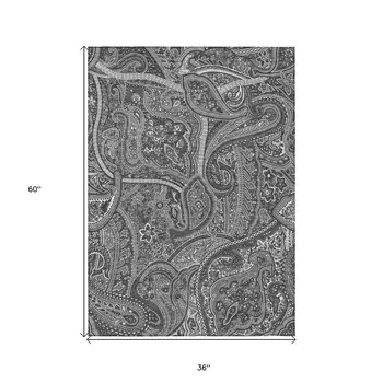 3' X 5' Gray Silver And Charcoal Paisley Washable Indoor Outdoor Area Rug