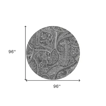 8' Gray Silver And Charcoal Round Paisley Washable Indoor Outdoor Area Rug