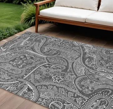10' X 14' Gray Silver And Charcoal Paisley Washable Indoor Outdoor Area Rug