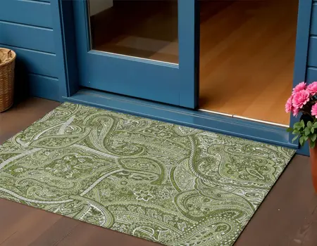 3' X 5' Artichoke Green And Olive Green Paisley Washable Indoor Outdoor Area Rug