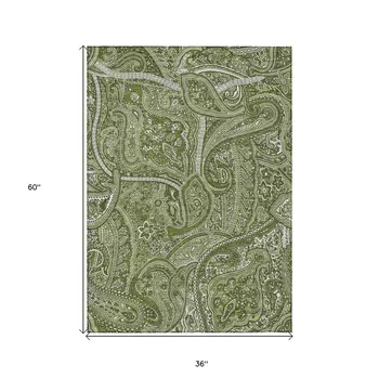 3' X 5' Artichoke Green And Olive Green Paisley Washable Indoor Outdoor Area Rug