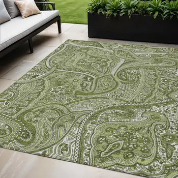5' X 8' Artichoke Green And Olive Green Paisley Washable Indoor Outdoor Area Rug
