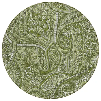 8' Artichoke Green And Olive Green Round Paisley Washable Indoor Outdoor Area Rug