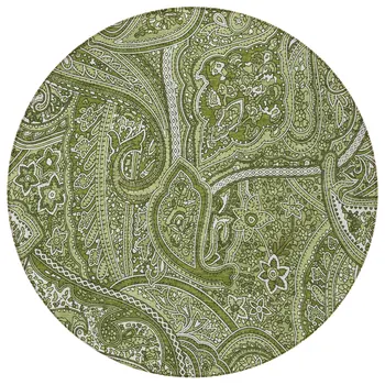 8' Artichoke Green And Olive Green Round Paisley Washable Indoor Outdoor Area Rug