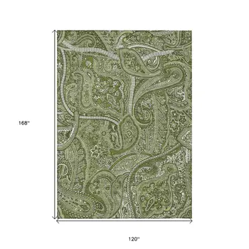 10' X 14' Artichoke Green And Olive Green Paisley Washable Indoor Outdoor Area Rug