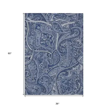 3' X 5' Navy Blue And Sky Blue Paisley Washable Indoor Outdoor Area Rug