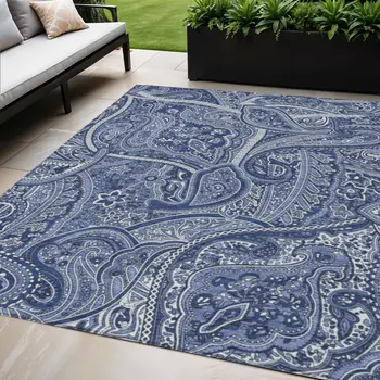 5' X 8' Navy Blue And Sky Blue Paisley Washable Indoor Outdoor Area Rug