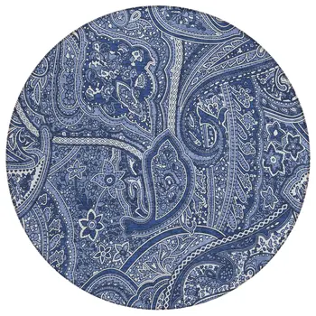 8' Navy Blue And Sky Blue Round Paisley Washable Indoor Outdoor Area Rug