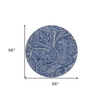 8' Navy Blue And Sky Blue Round Paisley Washable Indoor Outdoor Area Rug