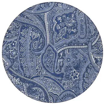 8' Navy Blue And Sky Blue Round Paisley Washable Indoor Outdoor Area Rug