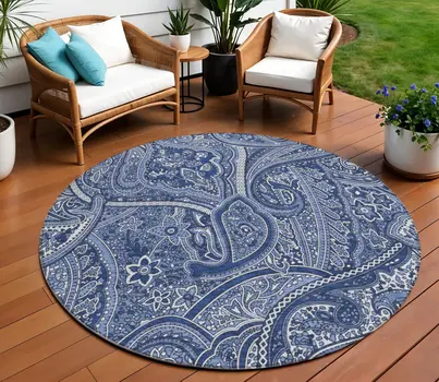 8' Navy Blue And Sky Blue Round Paisley Washable Indoor Outdoor Area Rug