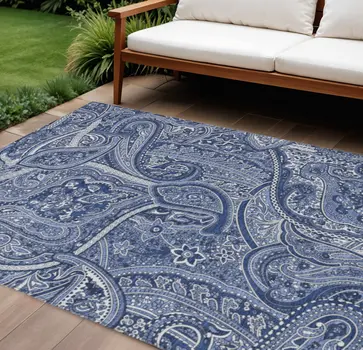 8' X 10' Navy Blue And Sky Blue Paisley Washable Indoor Outdoor Area Rug