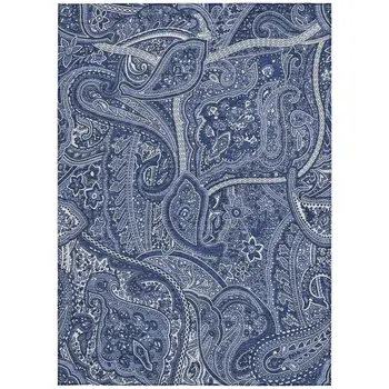 9' X 12' Navy Blue And Sky Blue Paisley Washable Indoor Outdoor Area Rug