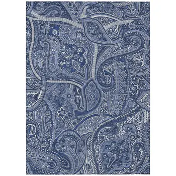 9' X 12' Navy Blue And Sky Blue Paisley Washable Indoor Outdoor Area Rug