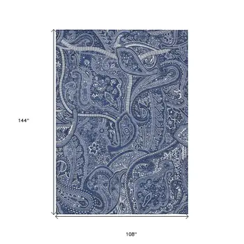9' X 12' Navy Blue And Sky Blue Paisley Washable Indoor Outdoor Area Rug