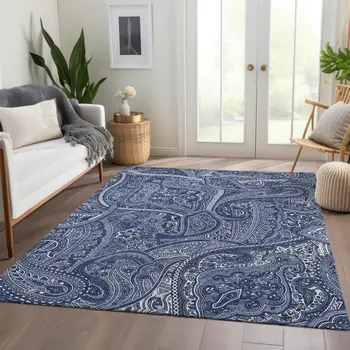9' X 12' Navy Blue And Sky Blue Paisley Washable Indoor Outdoor Area Rug