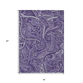 3' X 5' Purple Lavender And Silver Paisley Washable Indoor Outdoor Area Rug
