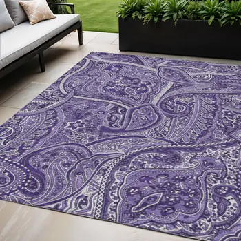 5' X 8' Purple Lavender And Silver Paisley Washable Indoor Outdoor Area Rug