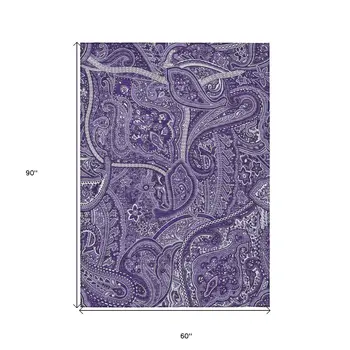 5' X 8' Purple Lavender And Silver Paisley Washable Indoor Outdoor Area Rug