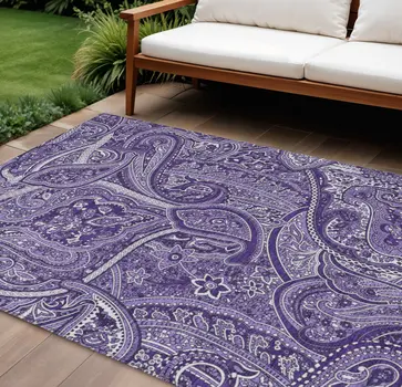 8' X 10' Purple Lavender And Silver Paisley Washable Indoor Outdoor Area Rug