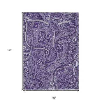 8' X 10' Purple Lavender And Silver Paisley Washable Indoor Outdoor Area Rug