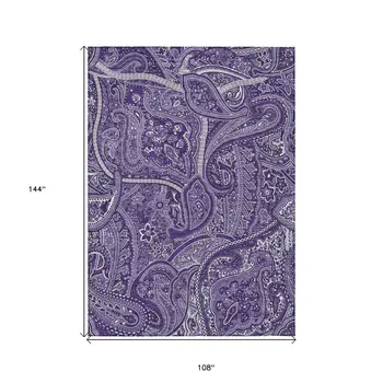 9' X 12' Purple Lavender And Silver Paisley Washable Indoor Outdoor Area Rug