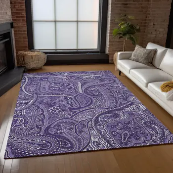 10' X 14' Purple Lavender And Silver Paisley Washable Indoor Outdoor Area Rug