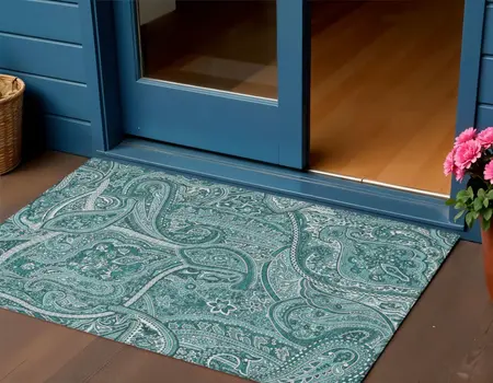3' X 5' Teal Blue Aqua And Ivory Paisley Washable Indoor Outdoor Area Rug