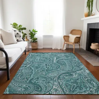 3' X 5' Teal Blue Aqua And Ivory Paisley Washable Indoor Outdoor Area Rug