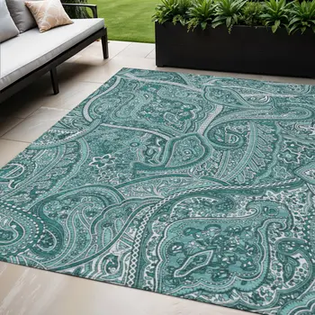 5' X 8' Teal Blue Aqua And Ivory Paisley Washable Indoor Outdoor Area Rug