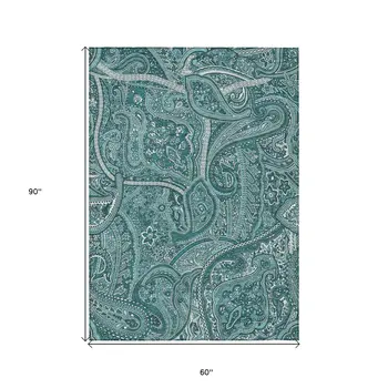 5' X 8' Teal Blue Aqua And Ivory Paisley Washable Indoor Outdoor Area Rug